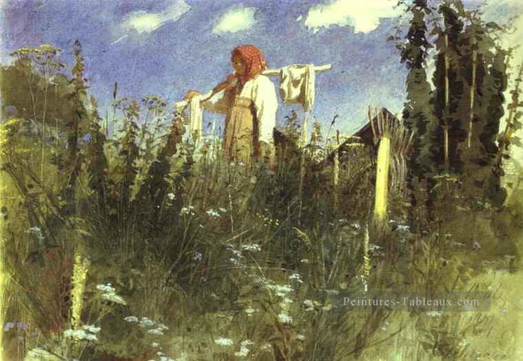 Fille au linge lavé sur le joug démocratique Ivan Kramskoi Peintures à l'huile